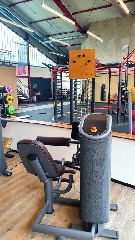 Fitnessstudio mit Kletterwand, Hanteln, Laufbändern, Boxsäcken und Kraftgeräten auf Holzboden.