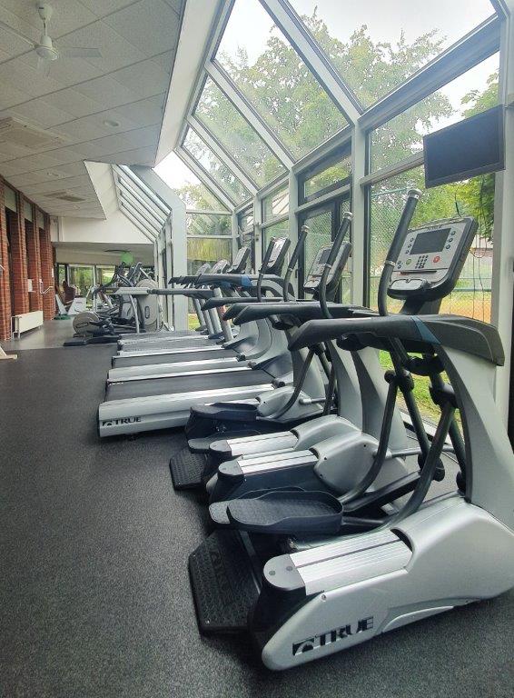Fitnessstudio mit leeren Laufbändern, Fensterfront und Bäumen draußen.